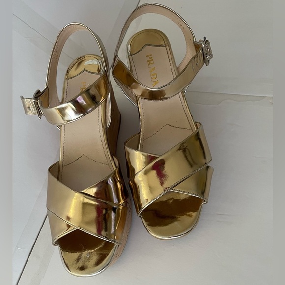 Prada Gold Metallic Cork Wedge Sandals - Picture 3 of 10